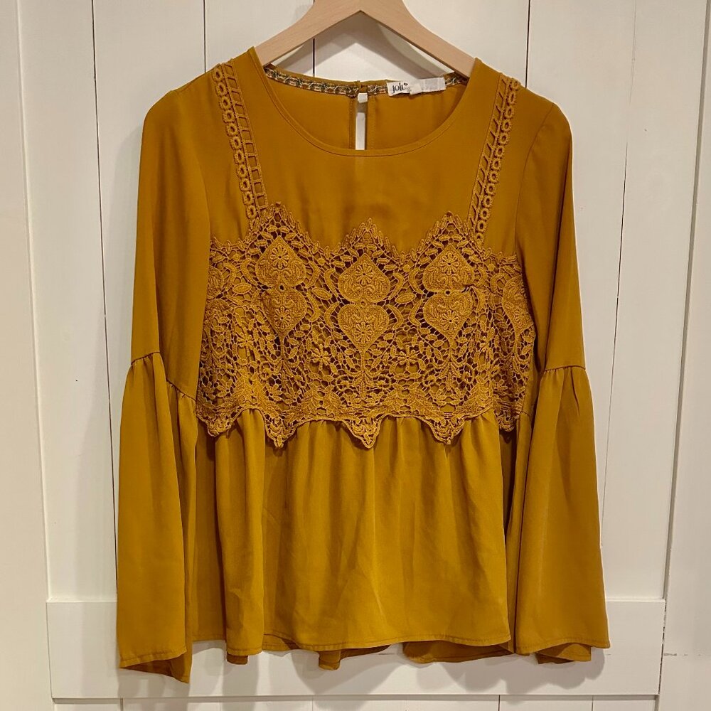 💛 Boho Lace Peplum Blouse Mustard Yellow Long Sleeve – Size M Festival